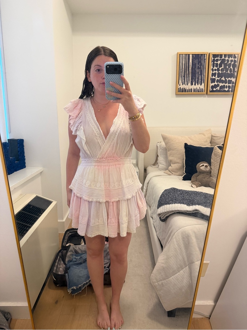 LoveShackFancy Pink Tiered Eyelet V-Neck Mini Dress